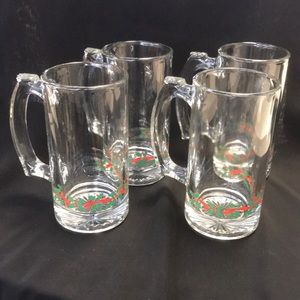 Vintage Libbey Holly & Berries Beer Steins/Mugs set of 4‎